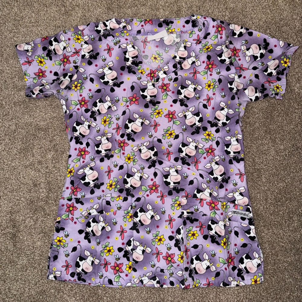 Purple Cow Print Scrub Top